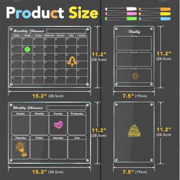 MIKEDE Acrylic Calendar for Fridge, 4 Pack Magnetic White Board Calendar Dry Erase, Reusable Planning Board Set with Strong Small Magnets, Clear Weekly and Monthly Calendar for Refrigerator, 6 Markers