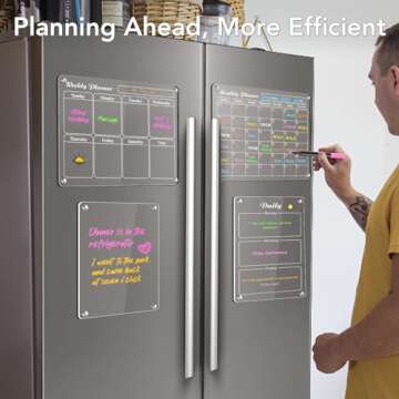 MIKEDE Acrylic Calendar for Fridge, 4 Pack Magnetic White Board Calendar Dry Erase, Reusable Planning Board Set with Strong Small Magnets, Clear Weekly and Monthly Calendar for Refrigerator, 6 Markers