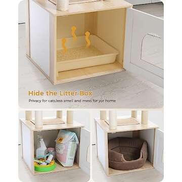 PETEPELA 56.7" Cat Tree with Litter Box Enclosure Large, Wood Cat Tower for Indoor Cats with Storage Cabinet and Cozy Cat Condo, Sisal Covered Scratching Post and Repalcable Dangling Balls, Beige