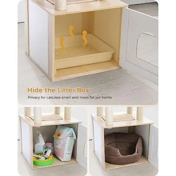 PETEPELA 56.7" Cat Tree with Litter Box Enclosure Large, Wood Cat Tower for Indoor Cats with Storage Cabinet and Cozy Cat Condo, Sisal Covered Scratching Post and Repalcable Dangling Balls, Beige