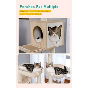 PETEPELA 56.7" Cat Tree with Litter Box Enclosure Large, Wood Cat Tower for Indoor Cats with Storage Cabinet and Cozy Cat Condo, Sisal Covered Scratching Post and Repalcable Dangling Balls, Beige