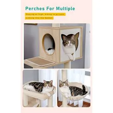 PETEPELA 56.7" Cat Tree with Litter Box Enclosure Large, Wood Cat Tower for Indoor Cats with Storage Cabinet and Cozy Cat Condo, Sisal Covered Scratching Post and Repalcable Dangling Balls, Beige