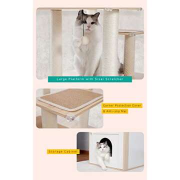 PETEPELA 56.7" Cat Tree with Litter Box Enclosure Large, Wood Cat Tower for Indoor Cats with Storage Cabinet and Cozy Cat Condo, Sisal Covered Scratching Post and Repalcable Dangling Balls, Beige