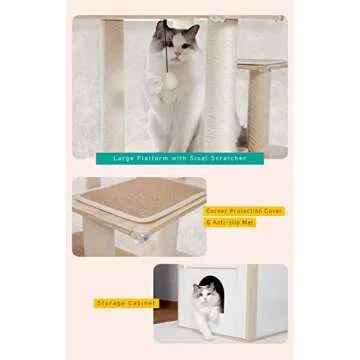 PETEPELA 56.7" Cat Tree with Litter Box Enclosure Large, Wood Cat Tower for Indoor Cats with Storage Cabinet and Cozy Cat Condo, Sisal Covered Scratching Post and Repalcable Dangling Balls, Beige