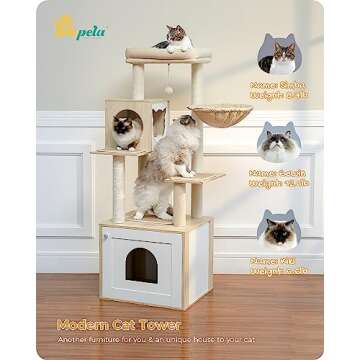 PETEPELA 56.7" Cat Tree with Litter Box Enclosure Large, Wood Cat Tower for Indoor Cats with Storage Cabinet and Cozy Cat Condo, Sisal Covered Scratching Post and Repalcable Dangling Balls, Beige