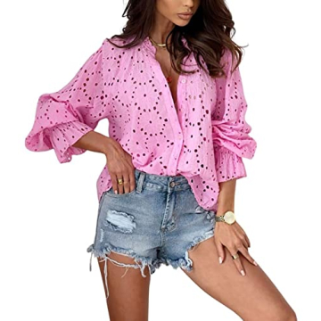 Chouyatou Women's Boho Crochet Shirts Lantern Sleeve Eyelet Blouse - Stylish & Versatile