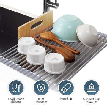 Zulay 20.5” x 13” Roll Up Drying Rack - Silicone-Coated Stainless Steel Over Sink Dish Drying Rack - Multipurpose Foldable Sink Rack for Kitchen Counter - Non-Slip, Heavy-Duty Drying Rack (Gray)