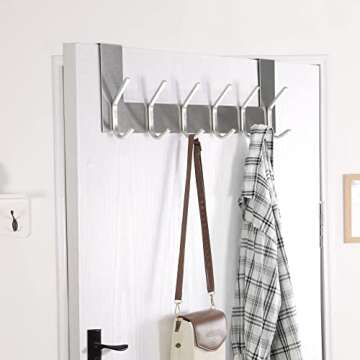 Dseap Over The Door Hook Hanger - 6 Hooks Over Door Coat Rack for Hanging Clothes Hat Towel, Brushed Nickel