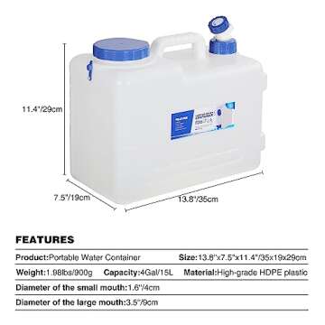 REDCAMP 4 Gallon/15L Portable Water Container - Ideal for Camping and Emergency Preparedness