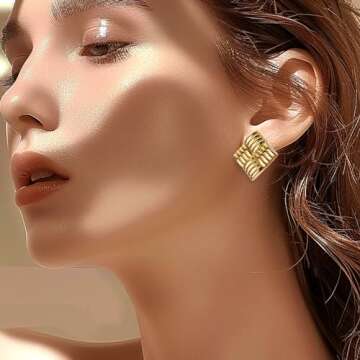 JeanBeau Chunky Gold Large Square Stud Earrings for Women, Trendy Statement Geometric Rectangle Text...