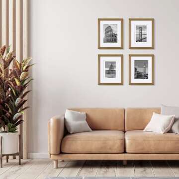 Egofine 8x10 Picture Frames 4 Pack, for Pictures 4x6 or 5x7 with Mat Made of Solid Wood Covered by Plexiglass for Table Top Display and Wall Mounting Photo Frames, Light Brown