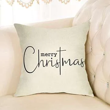 Softxpp Merry Christmas Throw Pillow Cover, 18" x 18" Inch Decorative Xmas Sign Rustic Cushion Case, Farmhouse Home Winter Decoration Holiday Square Pillowcase Decor for Sofa Couch Cotton Linen