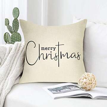 Softxpp Merry Christmas Throw Pillow Cover, 18" x 18" Inch Decorative Xmas Sign Rustic Cushion Case, Farmhouse Home Winter Decoration Holiday Square Pillowcase Decor for Sofa Couch Cotton Linen