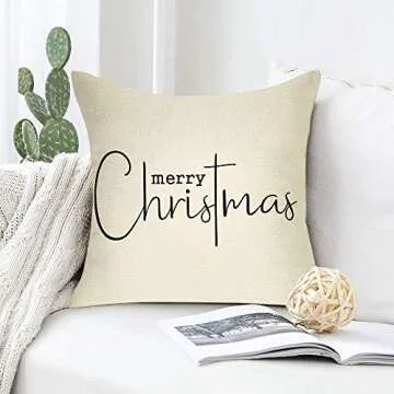 Softxpp Merry Christmas Throw Pillow Cover, 18" x 18" Inch Decorative Xmas Sign Rustic Cushion Case, Farmhouse Home Winter Decoration Holiday Square Pillowcase Decor for Sofa Couch Cotton Linen