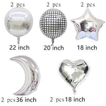 Foil Moon Balloons Set,Sliver Star and Silver 4D Large 4D Round Foil Balloons,4D Disco metallic Round Balloons in Different Size Balloon Perfect for Birthday Party Baby Shower Decoration (10 pcs)