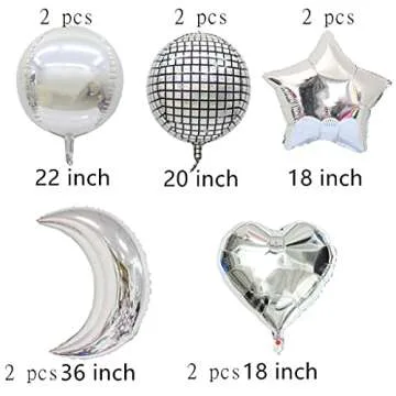 Foil Moon Balloons Set,Sliver Star and Silver 4D Large 4D Round Foil Balloons,4D Disco metallic Round Balloons in Different Size Balloon Perfect for Birthday Party Baby Shower Decoration (10 pcs)