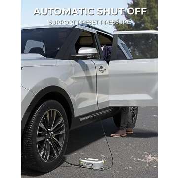 Giraffe Tools Retractable Tire Inflator Portable Air Compressor 150 PSI with Pressure Gauge 12 v Air Compressor Tire Inflator with Power Cord, Auto Shut-off and Emergency LED Light, Auto Rewind