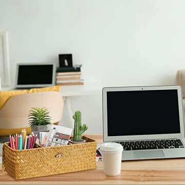 Cunhill 2 Pieces Seagrass Baskets with Lid Toilet Paper Basket with Lid Rectangular Hand Woven Wicker Bin Storage Box for Toilet Dresser Shelves Organizing(12.6 x 4.72 x 4.33 Inches,Light Orange)