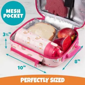 Insulated Lunch Box w Snack Pocket & Water Bottle Holder-Girls or Kids Unicorn School Lunchbox Tote Keeps Food Hotter or Colder Longer- Reusable Bag Fits Most Bento Boxes, Ice Packs- Back to School