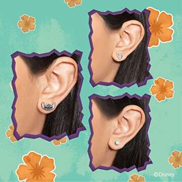 Disney Stitch Earrings 3 Piece Set - Flash Plated Set of 3 Stud Stitch Earrings - Officially License...