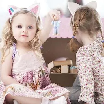 Creatoy Cat Ears Headbands, 4pcs Dollhouse Birthday Party Accessories, Flannel Cartoon Cosplay Headpiece, Glitter Hair Clips for Girls Halloween Supplies