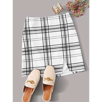 Verdusa Women's Split Hem Zipper Bodycon Mini Skirt Plaid White XS