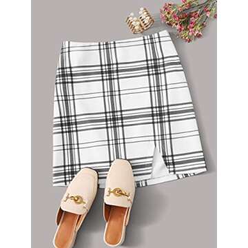 Verdusa Women's Split Hem Zipper Bodycon Mini Skirt Plaid White XS