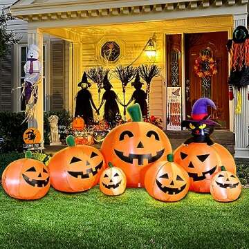 DomKom 8 FT Long Halloween Inflatable Decorations Pumpkin with Black Cat, Outdoor Holiday Decor Blow Up Halloween Yard Decor, LED Lights Inflatables Outdoor Garden Lawn Halloween Decor