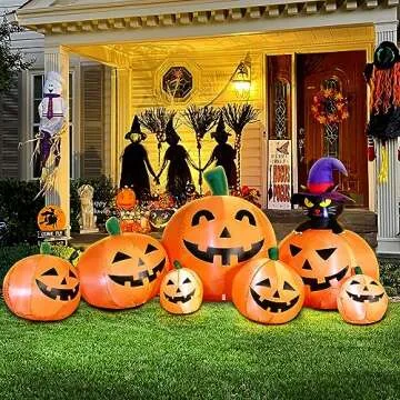 DomKom 8 FT Long Halloween Inflatable Decorations Pumpkin with Black Cat, Outdoor Holiday Decor Blow Up Halloween Yard Decor, LED Lights Inflatables Outdoor Garden Lawn Halloween Decor