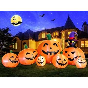 DomKom 8 FT Long Halloween Inflatable Decorations Pumpkin with Black Cat, Outdoor Holiday Decor Blow Up Halloween Yard Decor, LED Lights Inflatables Outdoor Garden Lawn Halloween Decor