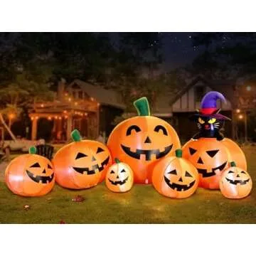 DomKom 8 FT Long Halloween Inflatable Decorations Pumpkin with Black Cat, Outdoor Holiday Decor Blow Up Halloween Yard Decor, LED Lights Inflatables Outdoor Garden Lawn Halloween Decor