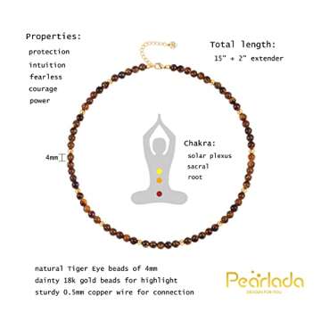 PEARLADA Tiger Eye Beaded Choker, Healing Crystal Necklace for Women, 18k Gold Bead Charm Necklace