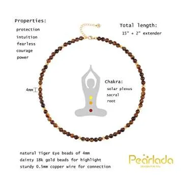 PEARLADA Tiger Eye Beaded Choker, Healing Crystal Necklace for Women, 18k Gold Bead Charm Necklace