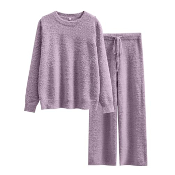 ANRABESS Women's Fuzzy Fleece Pajama Sets 2 Piece Outfits Long Sleeve Top Wide Leg Pants Lounge Matc...