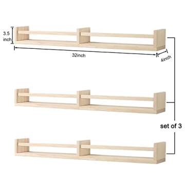 Austin yan Nursery Bookshelves Wall Mounted，32inch，Set of 3, Wood Floating Wall Bookshelf for Kids,Natural Wood Color,Hanging Shelf for Baby Nursery Room Decor, Pine