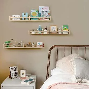 Austin yan Nursery Bookshelves Wall Mounted，32inch，Set of 3, Wood Floating Wall Bookshelf for Kids,Natural Wood Color,Hanging Shelf for Baby Nursery Room Decor, Pine