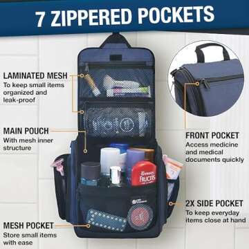 D&D Hanging Travel Toiletry Bag for Men and Women – Cosmetics, Makeup and Toiletries Organizer Kit with 10 Compartments, YKK Zippers, XXL Metal Swivel Hook, Water-Resistant Nylon