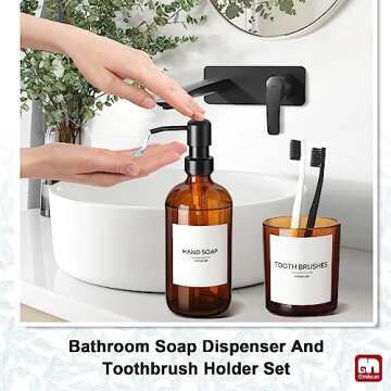GMISUN Bathroom Accessories Set, 4 Pack Amber Glass Bath Accessory Sets Complete, Brown Soap Dispenser and Toothbrush Holder Bathroom Counter Sink Set with Labels, Rustic Modern Vintage Bathroom Decor