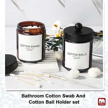 GMISUN Bathroom Accessories Set, 4 Pack Amber Glass Bath Accessory Sets Complete, Brown Soap Dispenser and Toothbrush Holder Bathroom Counter Sink Set with Labels, Rustic Modern Vintage Bathroom Decor