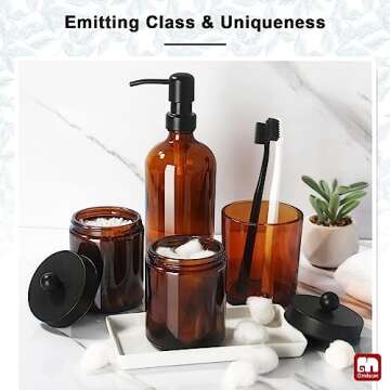 GMISUN Bathroom Accessories Set, 4 Pack Amber Glass Bath Accessory Sets Complete, Brown Soap Dispenser and Toothbrush Holder Bathroom Counter Sink Set with Labels, Rustic Modern Vintage Bathroom Decor