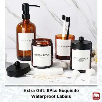 GMISUN Bathroom Accessories Set, 4 Pack Amber Glass Bath Accessory Sets Complete, Brown Soap Dispenser and Toothbrush Holder Bathroom Counter Sink Set with Labels, Rustic Modern Vintage Bathroom Decor