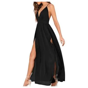 Floerns Women's V Neck Spaghetti Strap Backless Split Cocktail Party Maxi Long Dress A Black XS