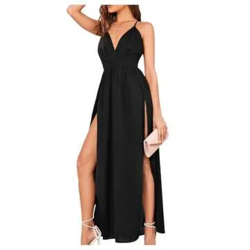 Floerns Women's V Neck Spaghetti Strap Backless Split Cocktail Party Maxi Long Dress A Black XS
