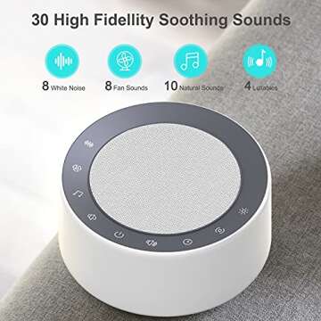YTE White Noise Machine with 30 High Fidelity Soundtracks, 7 Colors Night Lights, Full Touch Cloth Grille and Buttons, Timer and Memory Features, Plug in, Sound Machine for Baby, Adults