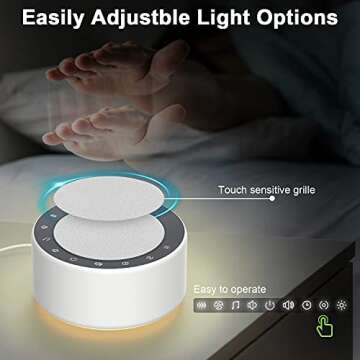YTE White Noise Machine with 30 High Fidelity Soundtracks, 7 Colors Night Lights, Full Touch Cloth Grille and Buttons, Timer and Memory Features, Plug in, Sound Machine for Baby, Adults