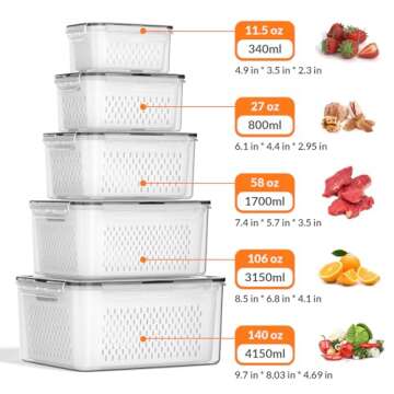 5 PCS Large Fruit Storage Containers for Fridge with Removable Colanders, Airtight Food Storage Cont...