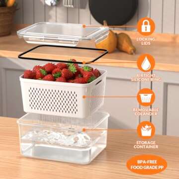 5 PCS Large Fruit Storage Containers for Fridge with Removable Colanders, Airtight Food Storage Containers with 5 Lids, 4 in 1 Produce Containers Keep Berry Fruits Vegetable Food Meat Fresh Longer