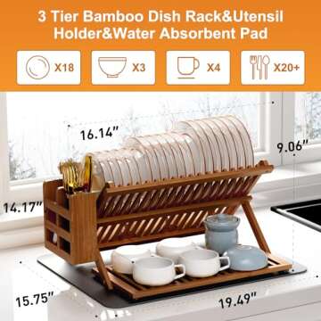 Greenual Teak Dish Drying Rack with Utensil Holder, 3 Tier Collapsible Dish Rack, Wooden Dish Racks ...
