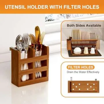 Greenual Teak Dish Drying Rack with Utensil Holder, 3 Tier Collapsible Dish Rack, Wooden Dish Racks for Kitchen Counter, Large Folding Drying Holder with Absorbent Dish Drying Mat