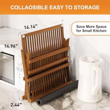 Greenual Teak Dish Drying Rack with Utensil Holder, 3 Tier Collapsible Dish Rack, Wooden Dish Racks for Kitchen Counter, Large Folding Drying Holder with Absorbent Dish Drying Mat